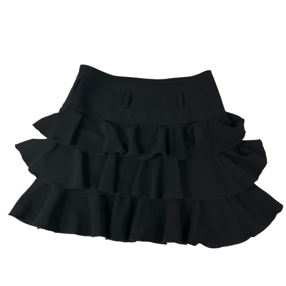 Express Design Studio Black Layered Ruffled MIDI Cocktail Skirt Spandex Blend 0